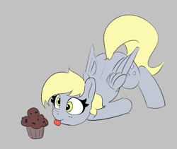 Size: 597x503 | Tagged: safe, artist:pabbley, derpy hooves, pegasus, pony, g4, :p, aggie.io, cute, derpabetes, eyes on the prize, face down ass up, female, food, gray background, mare, muffin, simple background, smiling, tongue out