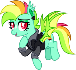 Size: 10098x9257 | Tagged: safe, artist:suramii, oc, oc only, oc:kokomo, bat pony, pony, absurd resolution, bat pony oc, bat wings, clothes, colored pupils, ear fluff, ear tufts, eyeshadow, female, flying, full body, hooves, jacket, lidded eyes, makeup, mare, multicolored mane, multicolored tail, open mouth, open smile, show accurate, simple background, smiling, solo, spread wings, tail, transparent background, wings