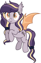 Size: 1980x3028 | Tagged: safe, artist:suramii, oc, oc only, oc:adara elderberry, bat pony, pony, bat pony oc, bat wings, ear fluff, ear tufts, fangs, female, flying, full body, high res, hooves, mare, show accurate, simple background, slit pupils, smiling, solo, spread wings, tail, transparent background, wings