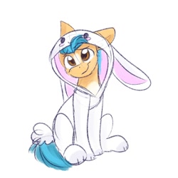 Size: 2000x2000 | Tagged: safe, artist:lbrcloud, hitch trailblazer, earth pony, pony, g5, blaze (coat marking), clothes, coat markings, costume, cute, facial markings, full body, head tilt, high res, hitchbetes, kigurumi, male, pale belly, simple background, sitting, smiling, solo, stallion, white background