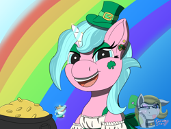 Size: 1600x1200 | Tagged: safe, artist:gray star, derpibooru exclusive, oc, oc only, oc:candy chip, pony, unicorn, bar maid, bow, female, hat, holiday, mare, pot of gold, saint patrick's day