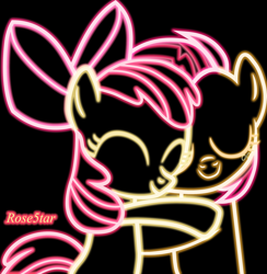 Size: 3000x3072 | Tagged: safe, artist:rose5tar, apple bloom, babs seed, earth pony, pony, g4, cousins, female, filly, foal, high res, hug, neon
