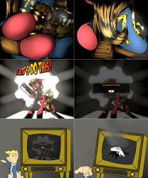 Size: 2002x2404 | Tagged: safe, artist:zoarvek, oc, oc:pun, pony, ask pun, ask, butt, controller, fallout, fallout 76, high res, joystick, plot, ponified, television, vault boy