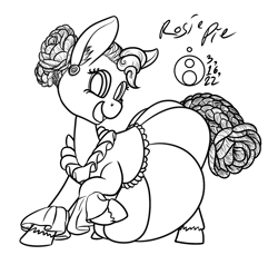 Size: 1500x1374 | Tagged: safe, artist:sepiakeys, pinkie pie, earth pony, pony, g4, alternate hairstyle, clothes, dress, monochrome, solo