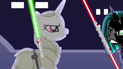 Size: 1920x1080 | Tagged: safe, artist:mlpjediqui-gon, oc, oc:qui-ll song, pony, unicorn, zabrak, zebra, animated, darth maul, duel, duel of the fates, fight, gritted teeth, horn, jedi, lightsaber, looking at each other, looking at someone, master, obi-wan kenobi, qui-gon jinn, sith, sound, star wars, stars, sword, this will end in death, this will end in tears, this will end in tears and/or death, unicorn oc, vs, wars, weapon, webm