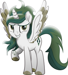 Size: 4656x5095 | Tagged: safe, artist:php178, oc, oc only, oc:riverdance, alicorn, pony, my little pony: the movie, .svg available, 2022, absurd resolution, alicorn oc, clover, coat markings, colored hooves, colored pupils, colored wings, full body, grin, holiday, hooves, horn, inkscape, lifted leg, looking at you, male, movie accurate, patron pony, raised hoof, saint patrick's day, saint patrick's day 2022, simple background, smiling, smiling at you, socks (coat markings), solo, spread wings, stallion, stallion oc, standing, svg, tail, tattoo, transparent background, two toned mane, two toned tail, two toned wings, vector, wings