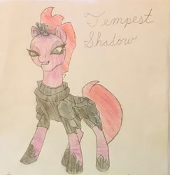 Size: 1851x1902 | Tagged: safe, tempest shadow, pony, unicorn, g4, drawing, female, mare, photo, sketch, solo, traditional art