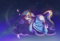 Size: 3000x2085 | Tagged: safe, artist:silvia-zero, oc, oc only, oc:moonlight waves, bat pony, pony, cloud, high res, night, on a cloud, solo, stars
