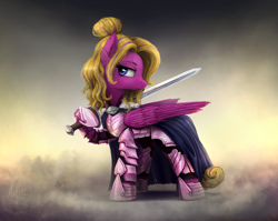 Size: 3300x2630 | Tagged: safe, artist:magfen, oc, oc only, pegasus, pony, fanfic:rekindled embers, armor, female, hair bun, high res, mare, pegasus oc, solo, sword, weapon
