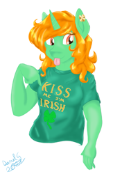 Size: 725x1030 | Tagged: safe, artist:darnelg, oc, oc only, oc:emerald isle, unicorn, anthro, :p, clothes, kiss me i'm irish, looking at you, red hair, simple background, solo, tongue out, white background