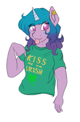 Size: 589x901 | Tagged: safe, alternate version, artist:darnelg, izzy moonbow, unicorn, anthro, g5, clothes, kiss me i'm irish, looking at you, simple background, solo, tongue out, white background