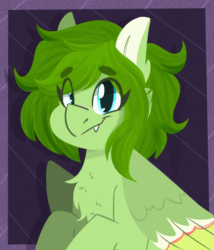Size: 1200x1400 | Tagged: safe, artist:modularpon, oc, oc only, oc:lief, hybrid, pegasus, pony, abstract background, animated, bust, chest fluff, fangs, laughing, portrait, solo