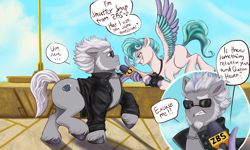 Size: 3000x1800 | Tagged: safe, artist:sallylla, alphabittle blossomforth, shutter snap, pegasus, pony, unicorn, g5, my little pony: a new generation, spoiler:my little pony: a new generation, awkward, awkward moment, beard, blushing, bust, camera, clothes, dialogue, duo, eyebrows, facial hair, female, floppy ears, flustered, flying, freckles, full body, grin, hoof hold, hooves, implied alphahaven, implied queen haven, implied shipping, implied straight, jacket, jewelry, leather jacket, male, mare, microphone, necklace, raised hoof, shocked, side view, size difference, sky, smiling, smirk, speech bubble, stallion, sunglasses, surprised, sweat, sweatdrop, text, unshorn fetlocks, wing hands, wings, zbs, zephyr heights