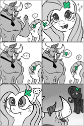 Size: 1631x2444 | Tagged: safe, artist:spookitty, fluttershy, iron will, minotaur, pegasus, pony, ask iron will, g4, ..., :t, clover, comic, duo, exclamation point, female, four leaf clover, grayscale, holiday, male, mare, monochrome, open mouth, partial color, pictogram, saint patrick's day, sparkles, speech bubble, sweat