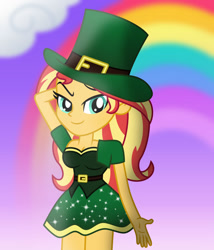 Size: 1024x1194 | Tagged: safe, artist:emeraldblast63, sunset shimmer, equestria girls, g4, beautiful, beautiful eyes, beautiful hair, breasts, cleavage, cute, female, green dress, hat, holiday, leprechaun, leprechaun hat, looking at you, minidress, rainbow, saint patrick's day, sexy, shimmerbetes, stupid sexy sunset shimmer, top hat