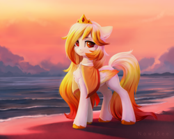 Size: 3000x2400 | Tagged: safe, artist:inowiseei, oc, oc only, oc:auroraedith, pegasus, pony, beach, cape, chest fluff, clothes, cloud, colored hooves, colored wings, commission, crown, female, folded wings, gold hooves, gradient mane, gradient tail, high res, hooves, jewelry, looking at you, mare, multicolored wings, ocean, pegasus oc, regalia, solo, sunset, tail, water, wings