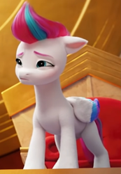 Size: 1033x1497 | Tagged: safe, edit, edited screencap, screencap, zipp storm, pegasus, pony, g5, my little pony: a new generation, cropped, ears back, eyebrows, female, folded wings, hooves, mare, palindrome get, solo, standing, wings