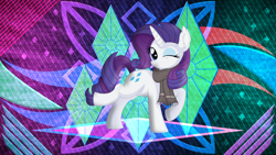 Size: 7680x4320 | Tagged: safe, artist:cyanlightning, artist:laszlvfx, edit, rarity, pony, g4, absurd resolution, clothes, one eye closed, scarf, solo, wallpaper, wallpaper edit, wink