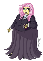 Size: 800x1131 | Tagged: safe, artist:professordoctorc, fluttershy, equestria girls, g4, bbw, black lipstick, book, breasts, busty fluttershy, clothes, dress, eyeshadow, fat, fat boobs, fattershy, female, fishnet clothing, fluttergoth, frown, jewelry, lipstick, makeup, nail polish, necklace, obese, signature, simple background, solo, white background