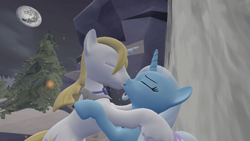 Size: 1280x720 | Tagged: safe, artist:sfmmania34, prince blueblood, trixie, pony, unicorn, g4, 3d, female, kissing, male, mare, mare in the moon, moon, ship:bluetrix, shipping, source filmmaker, stallion, straight, tree