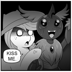 Size: 515x519 | Tagged: safe, artist:vavacung, edit, applejack, queen chrysalis, earth pony, insect, moth, pony, comic:out of chrysalis, g4, comic, duo, funny, monochrome, scary face, sweat, sweatdrops, white eyes