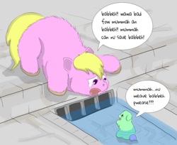 Size: 719x587 | Tagged: safe, artist:carpdime, fluffy pony, crying, dialogue, duo, female, fluffy pony foal, fluffy pony mother, foal, looking at each other, looking at someone, mare, open mouth, sadbox, speech bubble, water