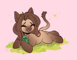 Size: 2199x1717 | Tagged: safe, artist:sugarstar, oc, oc only, oc:satokibi, earth pony, pony, cat ears, cat tail, cute, female, lying down, smiling, solo, sparkles, tail