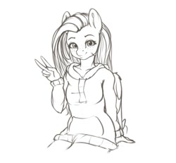 Size: 815x753 | Tagged: safe, artist:miokomata, fluttershy, pegasus, anthro, clothes, cute, female, freckles, freckleshy, grayscale, hoodie, looking at you, mare, monochrome, peace sign, shyabetes, simple background, sketch, smiling, smiling at you, white background, wip
