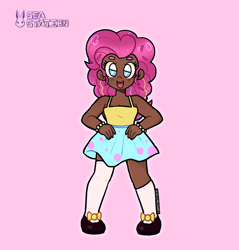 Size: 2031x2126 | Tagged: safe, artist:seasemissary, pinkie pie, human, g4, bare shoulders, clothes, dark skin, high res, hnnng, humanized, pink background, shirt, simple background, skirt, sleeveless, solo, tank top
