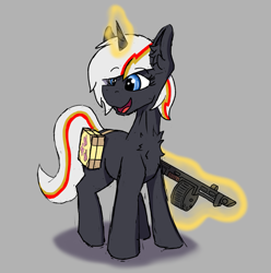 Size: 1575x1587 | Tagged: safe, artist:reddthebat, oc, oc only, oc:velvet remedy, pony, unicorn, fallout equestria, chest fluff, ear fluff, eyebrows, eyebrows visible through hair, female, glowing, glowing horn, gray background, gun, horn, magic, magic aura, mare, open mouth, open smile, shadow, shotgun, simple background, smiling, solo, telekinesis, unicorn oc, weapon