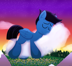 Size: 7200x6600 | Tagged: safe, artist:agkandphotomaker2000, oc, oc only, oc:pony video maker, pegasus, pony, cloud, evening, eyes closed, flower field, folded wings, hill, mountain, on a cloud, pegasus oc, sleeping, sleeping on a cloud, solo, stars, tree, wings