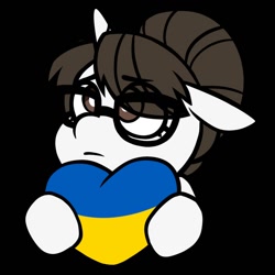 Size: 894x894 | Tagged: safe, alternate character, alternate version, artist:lrusu, raven, pony, unicorn, g4, black background, commission, commissioner:pony4koma, cute, female, flag, glasses, hair bun, heart, mare, sad, sadorable, simple background, ukraine, ych result