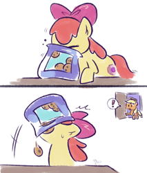 Size: 1024x1200 | Tagged: safe, artist:kukie, derpibooru exclusive, apple bloom, applejack, earth pony, pony, g4, 2 panel comic, adorabloom, apple bloom's bow, apple sisters, applejack's hat, bad pony, bag, bow, caught, comic, cookie, cookie thief, cowboy hat, cute, door, duo, duo female, eating, exclamation point, eyes closed, female, filly, foal, food, freckles, hair bow, hat, hooves, hooves on the table, horse problems, mare, motion lines, pictogram, siblings, signature, simple background, sisters, speech bubble, surprised, sweat, sweatdrop, table, thief, white background