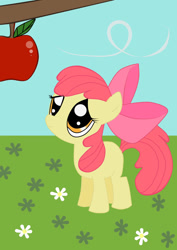 Size: 900x1274 | Tagged: safe, artist:rednyanda, apple bloom, earth pony, pony, g4, adorabloom, apple, apple tree, bow, cute, female, filly, foal, food, hair bow, puppy dog eyes, solo, tree