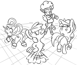 Size: 2150x1817 | Tagged: safe, artist:lockhe4rt, apple bloom, flashdancer, earth pony, pony, g4, 2016, ballerina, bipedal, black and white, butt, dancing, female, filly, foal, grayscale, i got this, lineart, monochrome, plot, rave