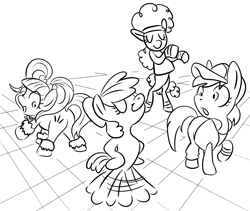 Size: 2150x1817 | Tagged: safe, artist:lockhe4rt, apple bloom, azure velour, flashdancer, pacific glow, earth pony, pony, g4, 2016, ballerina, bipedal, black and white, butt, dancing, female, filly, foal, grayscale, i got this, lineart, monochrome, plot, rave