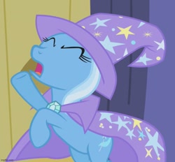 Size: 777x720 | Tagged: safe, screencap, trixie, pony, unicorn, boast busters, g4, my little pony: friendship is magic, bipedal, cropped, eyes closed, female, mare, open mouth, solo