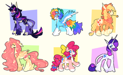 Size: 1280x789 | Tagged: safe, artist:bumblesnail, artist:bumblesnail-art, applejack, fluttershy, pinkie pie, rainbow dash, rarity, twilight sparkle, alicorn, classical unicorn, earth pony, pegasus, pony, unicorn, g4, absurdly long fetlocks, alternate cutie mark, appaloosa, bald face, bandaid, bandaid on nose, blaze (coat marking), body markings, bow, braid, chest fluff, cloven hooves, coat markings, colored wings, facial markings, feathered fetlocks, female, fetlock tuft, flower, flower in hair, glasses, goggles on head, hair bow, hat, horn, leonine tail, mane six, mare, multicolored wings, pale belly, red bandana, redesign, simple background, socks (coat markings), straw hat, straw in mouth, twilight sparkle (alicorn), two toned wings, unshorn fetlocks, white background, wings
