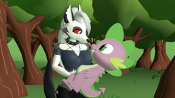 Size: 1920x1080 | Tagged: safe, artist:php170, spike, demon, dragon, hellhound, anthro, g4, 3d, age difference, crossover, crossover shipping, cute, dialogue in the description, female, forest, friendship, furry, grin, happy, hellaverse, hellborn, helluva boss, holding, holding a dragon, looking at each other, looking at someone, loona (helluva boss), male, nose to nose, pentagram, revamped anthros, shipping, smiling, source filmmaker, spikabetes, spikelove, spiloona, straight