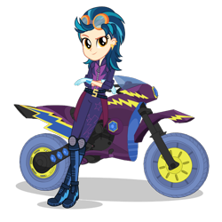 Size: 1400x1400 | Tagged: dead source, safe, indigo zap, equestria girls, g4, my little pony equestria girls: friendship games, official, boots, clothes, costume, crossed arms, crystal prep shadowbolts, female, gloves, looking at you, motocross, motocross outfit, motorcross, motorcycle, shadowbolts costume, shoes, simple background, smiling, smiling at you, solo, transparent background, vector