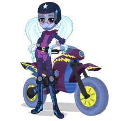 Size: 1400x1400 | Tagged: dead source, safe, sugarcoat, equestria girls, g4, my little pony equestria girls: friendship games, official, biker, biker jacket, clothes, costume, crystal prep shadowbolts, cute, female, gloves, hand on hip, helmet, looking at you, motocross, motocross outfit, motorcross, motorcycle, shadowbolts costume, simple background, smiling, solo, sugarcute, transparent background