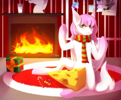 Size: 1280x1055 | Tagged: oc name needed, safe, artist:agurana, oc, oc only, earth pony, pony, candy, candy cane, cheese, chimney, christmas, clothes, colored pupils, commission, digital art, ear tufts, earth pony oc, eyelashes, female, fire, fireplace, food, green eyes, grin, holiday, indoors, kneeling, looking at you, mare, pink hair, present, rug, scarf, signature, sitting, smiling, smiling at you, solo, striped scarf, underhoof