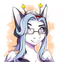 Size: 1280x1257 | Tagged: oc name needed, safe, artist:agurana, oc, oc only, pegasus, pony, blue eyes, blue hair, digital art, female, glasses, long ears, long hair, long mane, looking at you, mare, pegasus oc, smiling, smiling at you, solo, wings