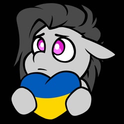 Size: 894x894 | Tagged: safe, alternate character, alternate version, artist:lrusu, oc, oc:faulty, black background, commission, current events, flag, heart, sad, simple background, ukraine, ych result