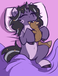 Size: 640x837 | Tagged: safe, artist:rivibaes, oc, oc only, oc:rivibaes, pony, unicorn, blanket, female, filly, foal, pillow, plushie, sleeping
