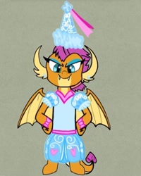 Size: 720x898 | Tagged: safe, artist:darlycatmake, smolder, dragon, g4, beautiful, beautiful eyes, beautisexy, bow, clothes, dragon tail, dress, dressup, ear piercing, eyeshadow, froufrou glittery lacy outfit, hennin, lidded eyes, looking at you, majestic, makeup, piercing, pretty, princess, princess smolder, proud, puffy sleeves, serious, serious face, sexy, smiling, smiling at you, smirk, smolder also dresses in style, tail