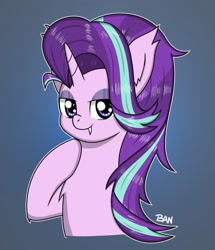 Size: 1349x1565 | Tagged: safe, artist:banquo0, starlight glimmer, bat, bat pony, pony, unicorn, g4, bust, chest fluff, fangs, female, hoof on chin, horn, looking at you, mare, race swap, solo