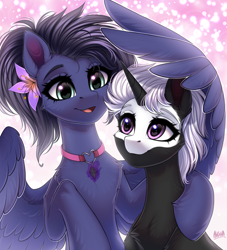 Size: 3000x3300 | Tagged: safe, artist:hakaina, oc, oc only, oc:kennel nightshade, oc:s.leech, pegasus, pony, unicorn, bald face, blaze (coat marking), coat markings, collar, concave belly, facial markings, female, flower, fluffy, high res, hug, mare, slender, thin, wing hands, winghug, wings