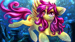 Size: 1600x900 | Tagged: safe, artist:cali luminos, oc, oc only, alicorn, pony, broken horn, bubble, contest entry, crepuscular rays, female, flowing tail, horn, mare, ocean, pink eyes, reflection, seaweed, signature, solo, spread wings, sunlight, swimming, tail, underwater, water, wings
