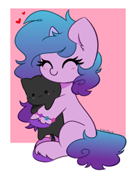 Size: 2749x3500 | Tagged: safe, artist:kittyrosie, izzy moonbow, cat, pony, unicorn, g5, my little pony: a new generation, blushing, bracelet, cute, ear fluff, eyes closed, female, happy, heart, high res, hug, izzybetes, jewelry, mare, pink background, simple background, sitting, smiling, solo, unshorn fetlocks, white background